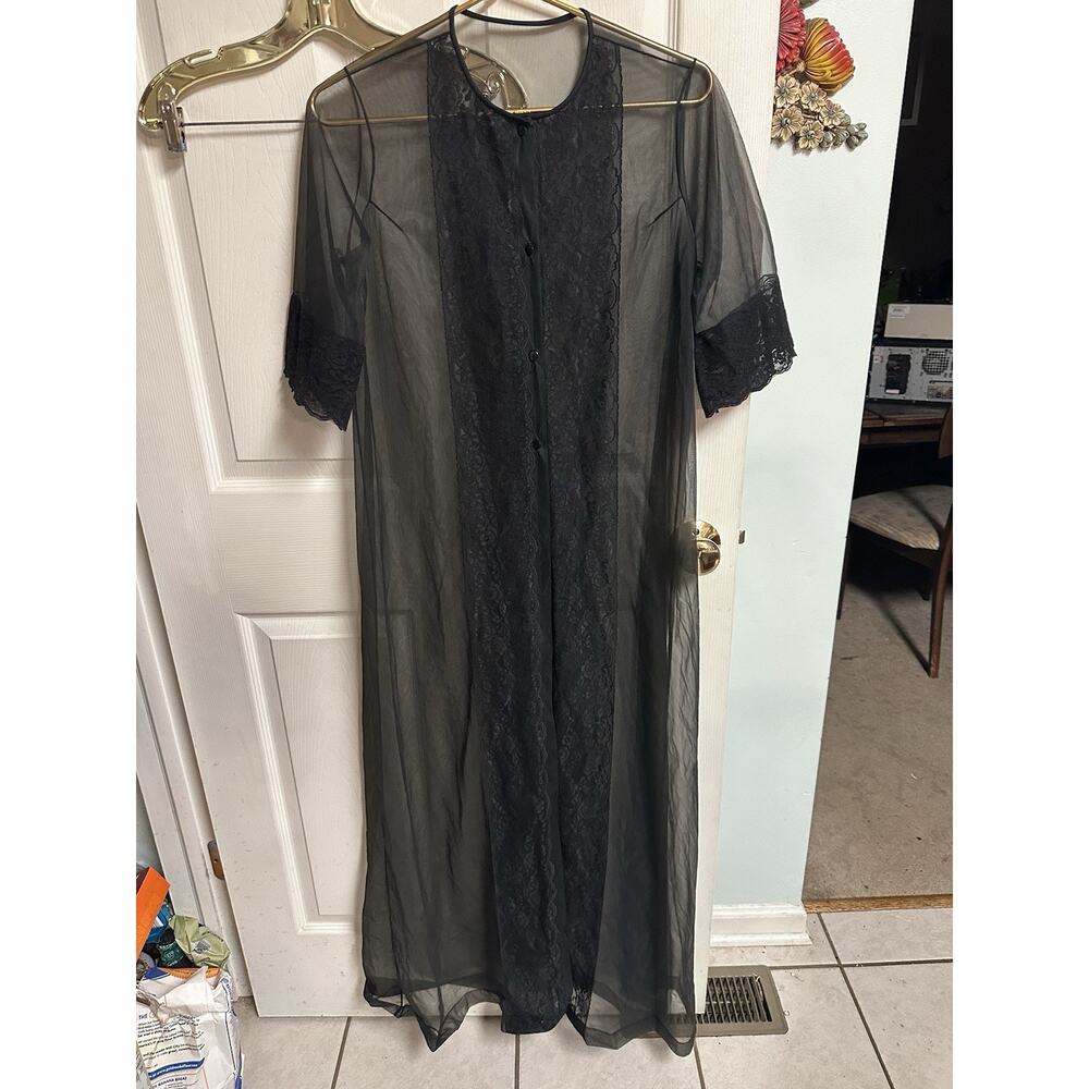 Pinehurst Vtg Lace Trimmed Lingerie Robe Peignoir Sheer 60s 70s Goth Med Nylon